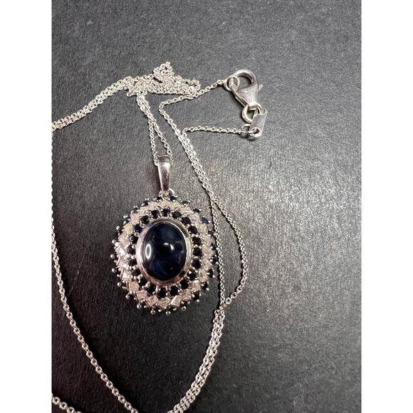 NEW Blue star sapphire and moissanite sterling silver halo pendant necklace - Picture 10 of 14